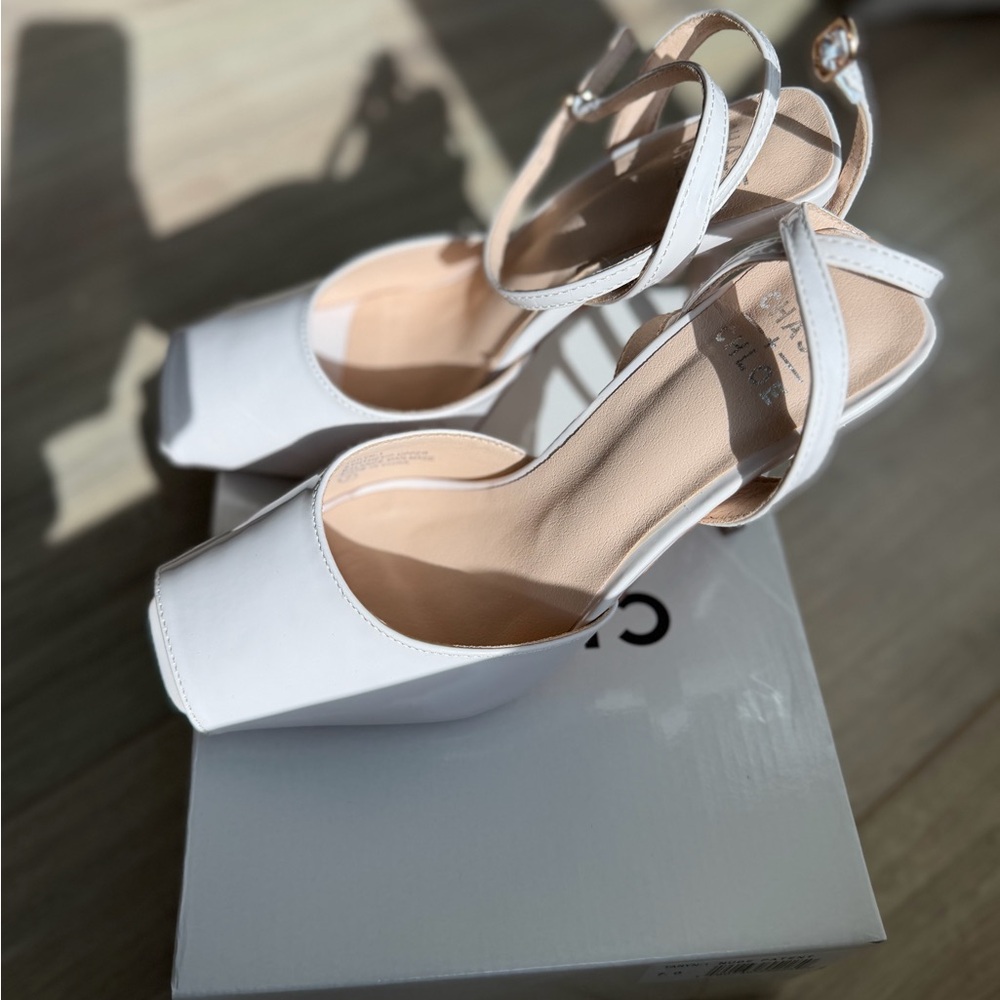 Cream patent square-toe slingback heels size 7